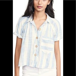 We the Free Away At Sea Linen Blend Frayed Hem Top
